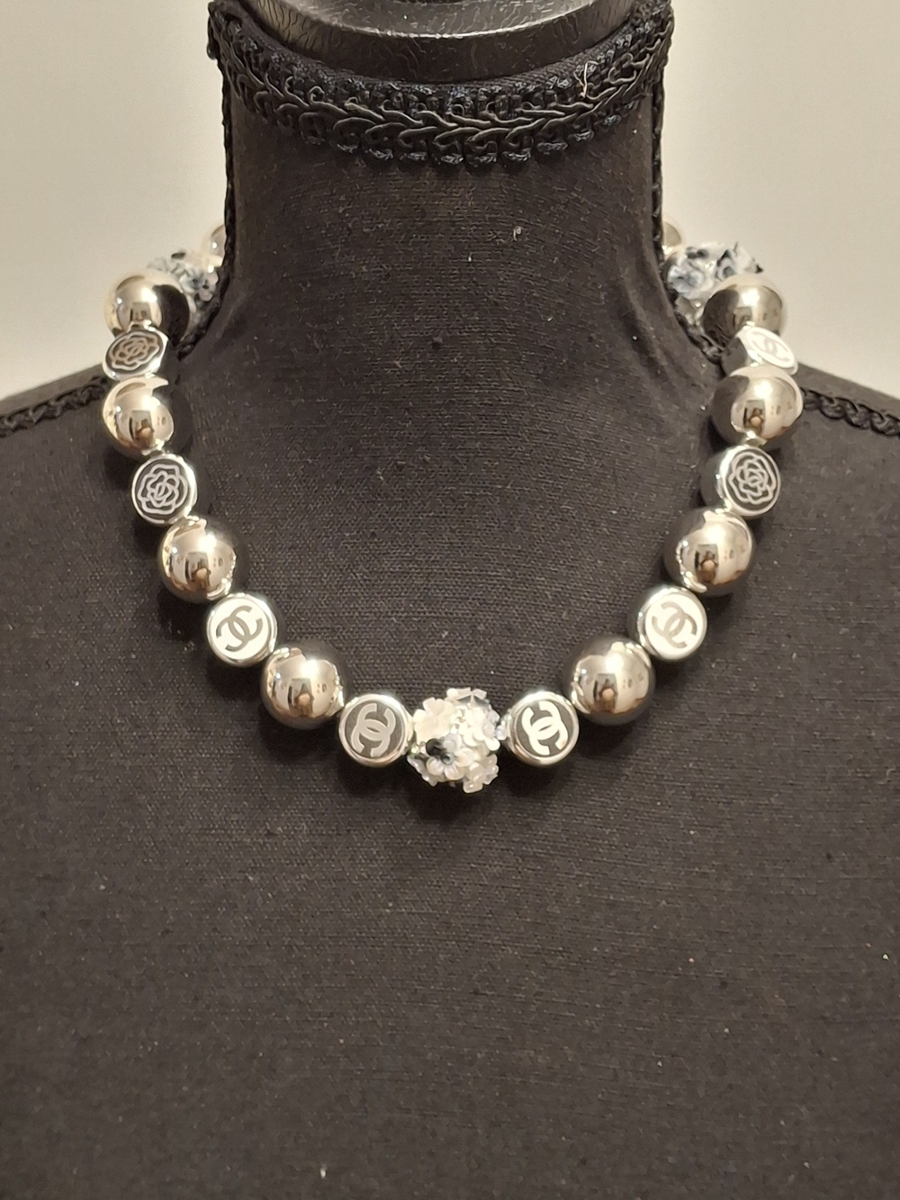 Handmade Silver-Tone Bead Necklace with Center Flower